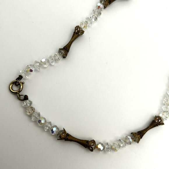 Vintage Aurora Borealis Crystal Tassel Necklace 26” Filigree Midcentury Cocktail - Picture 15 of 16